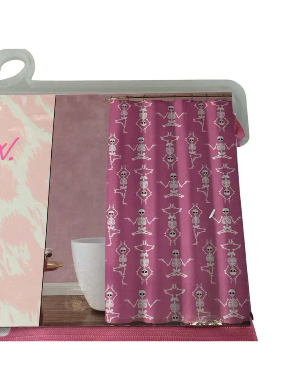 Betsey Johnson Halloween Pink Yoga Skeletons Shower Curtain